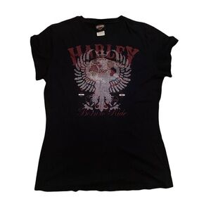 Harley Davidson Women’s Black Silver Red Eagle Studded Graphic T-Shirt Size L